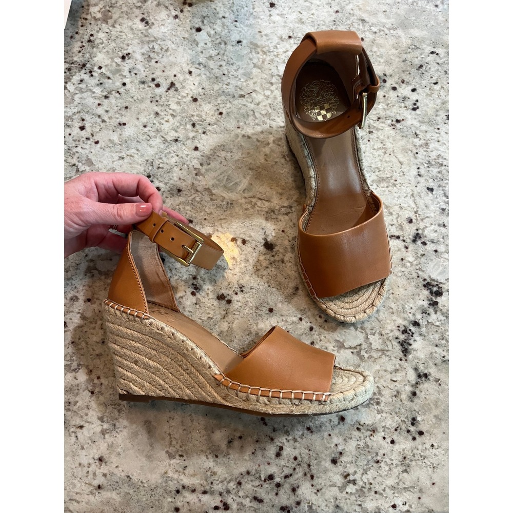 Vince Camuto Leera Tan Leather Espadrille Wedge Sandals Ankle Strap Women 7M